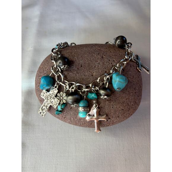 Silver Cross and Turquoise Charm Bracelet Southwest Chunky Western NWT - Picture 6 of 9